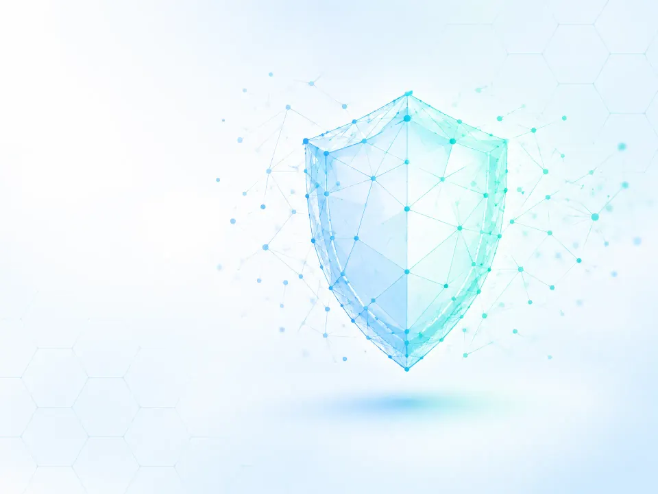 Abstract shield constructed from a glowing network mesh
